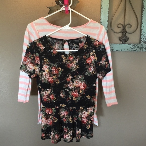 Black lace top by Forever 21 & Gray & pink stripes - Picture 1 of 8